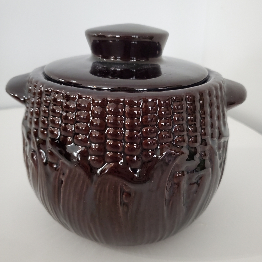 Rare Royal Canadian Art Pottery 1 Qt Brown Corn Cob Theme Bean Crock w/Lid - Picture 11 of 11